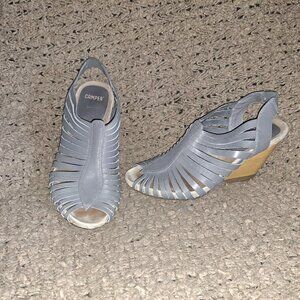 CAMPER-Rachael-Gray Strappy Leather-Wooden Wedge Sandals-SZ 39-8.5-Excellent